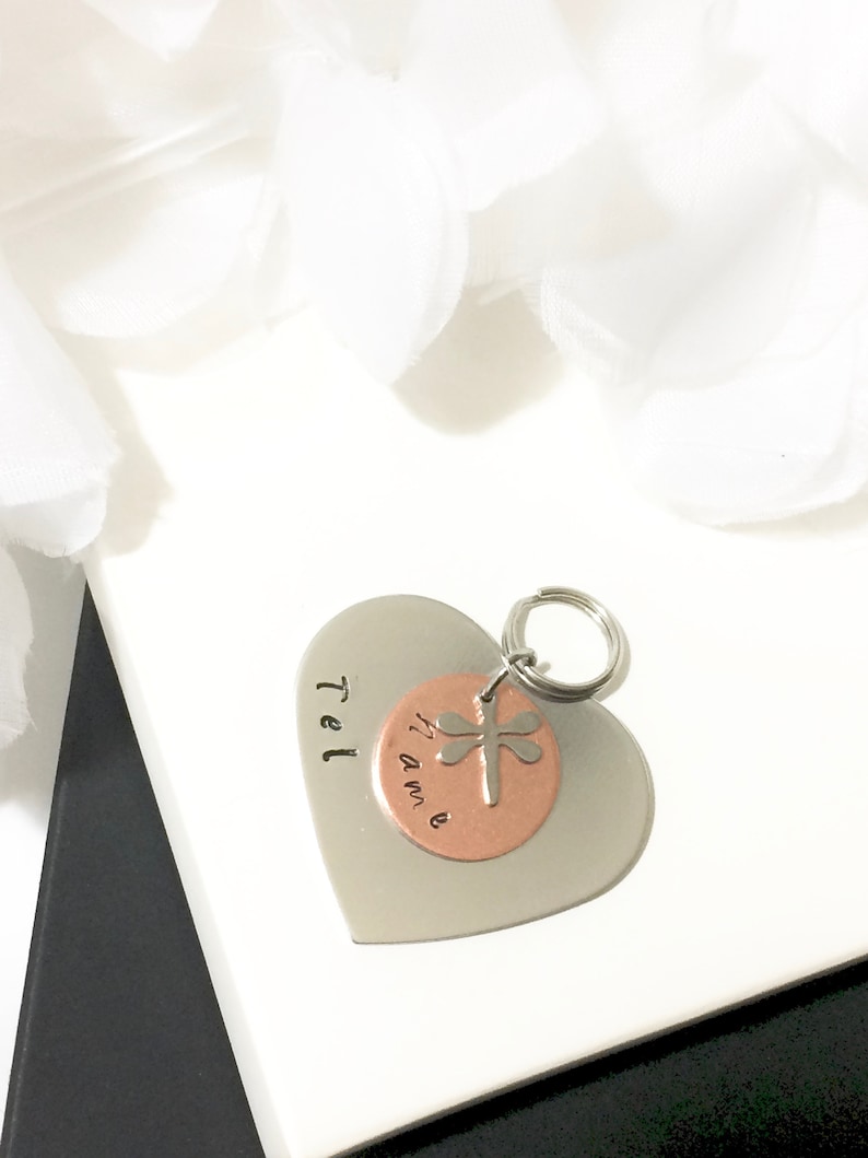 ID CAT Dog Pet Tag Heart Personalized Customized Animal Name Telephone Hand Stamped Engraved Message Stainless Copper Luna Moon Astral