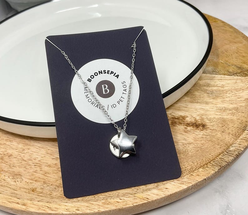 Pu&ograve; includere: Una collana con pendente a forma di stella argentata su una carta blu scuro con il testo "BOONSEPIA MEMORIAL ID PET TAGS". La collana &egrave; esposta su un piatto bianco e un vassoio di legno.