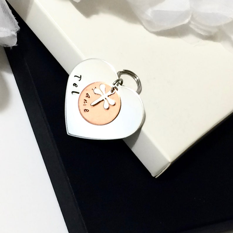 ID CAT Dog Pet Tag Heart Personalized Customized Animal Name Telephone Hand Stamped Engraved Message Stainless Copper Luna Moon Astral