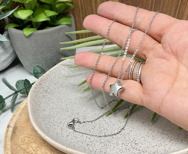 Pu&ograve; includere: Una collana color argento con un ciondolo a forma di stella. La collana &egrave; presentata su un piatto grigio chiaro maculato. Il ciondolo a stella &egrave; una forma solida a cinque punte. La catena &egrave; delicata e sembra essere composta da piccoli segmenti collegati.