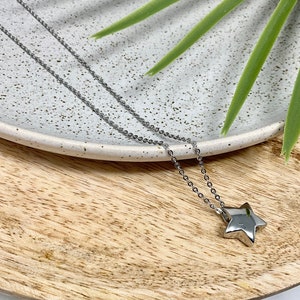Pu&ograve; includere: Una collana con pendente a forma di stella color argento. Il ciondolo a forma di stella &egrave; appeso a una catena delicata. La collana &egrave; esposta su un piatto bianco maculato e un vassoio di legno, con foglie verdi sullo sfondo.
