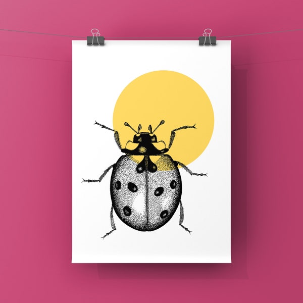 Ladybird Print, A4 Illustration, Yellow Retro Wall Art, Sunshine Ladybird Poster, Minimalist Print, Yellow Kids Room Prints