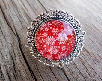 Red Snowflake Ring: Adjustable Antique Silver Finish Holiday Jewelry