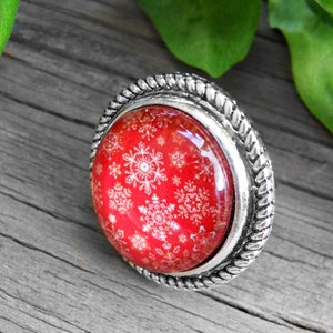 Red Snowflake Ring Adjustable Antique Silver Bezel, Winter ring, Christmas ring, Holiday ring, Seasonal jewelry, snowflakes, snow jewelry