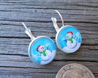 Snowman Earrings in Silver or Gunmetal, Christmas earrings, Blue dangle earrings, Winter jewelry Snowman jewelry Glass dome earrings Silver