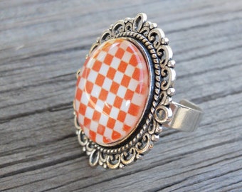 Orange and White Checkerboard Ring Adjustable Antique Filigree Ring, Glass dome ring, Orange and White jewelry, Tennessee ring, Texas ring