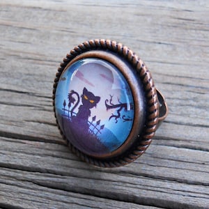 Black Cat Halloween Ring: Antique Finish Adjustable Band