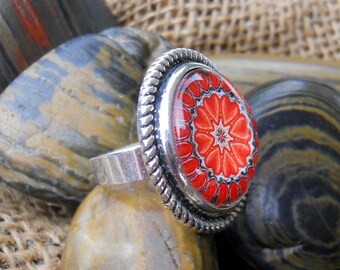 Red Hearts Ring Adjustable glass Mandala with Vintage Style Antique Silver bezel, Mandala Ring, Silver and Red Mandala Ring, Antique Ring,