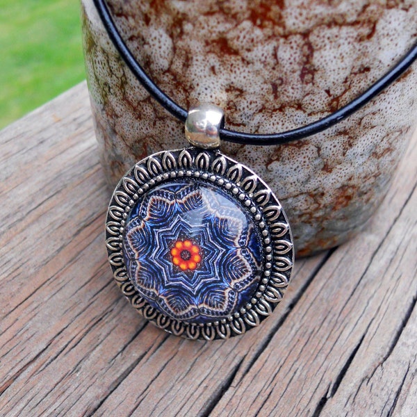 Blue and Red Mandala Pendant Neckalce with Choice of Bezel Color and Cord or Chain, Mandala necklace, Red and Blue pendant, star necklace