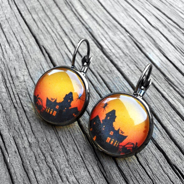 Orange and Black Halloween Earrings Haunted House with Spiders French Lever Backs in Silver or Gunmetal, Dangle earrings, Spider earrings