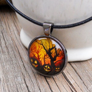 Halloween Pumpkin Scene Glass Pendant Necklace Orange and Black Fall Autumn necklace Pumpkin, Choice of Bezel Color and Ribbon Cord or Chain