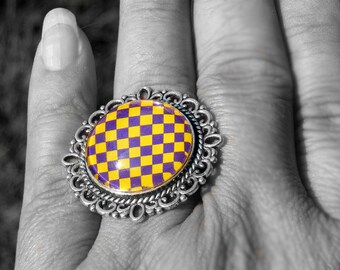 Purple and Gold Checkerboard Glass Dome Adjustable Ring with Choice of Antique style Bezel, Purple and Gold ring, Louisiana ring, Collegiate