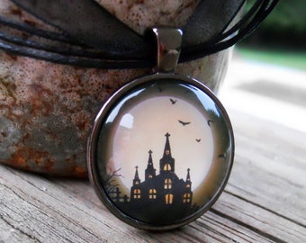 Haunted House Necklace Yellow Full Moon Glass Pendant Choice of Cord or Chain, Haunted Castle black and yellow necklace, Halloween jewelry