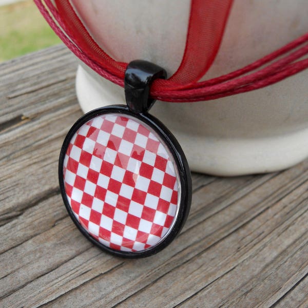 Crimson and White Checkerboard Glass Pendant Necklace with choice of Bezel color and Ribbon Cord or Chain, Alabama necklace, red and white