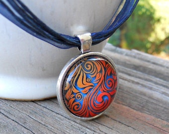 Red Orange and Blue Swirl Pendant Necklace with choice of Bezel color and Ribbon, Cord or chain, 3D pendant, Holiday necklace, Elegant swirl