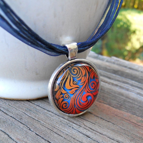 Red Orange and Blue Swirl Pendant Necklace with choice of Bezel color and Ribbon, Cord or chain, 3D pendant, Holiday necklace, Elegant swirl