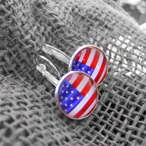American Flag Earrings: 16mm Glass Dome, French Lever Back