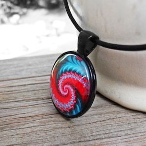 Fractal Spiral Pendant Necklace: Red Turquoise Glass Glass Dome Jewelry