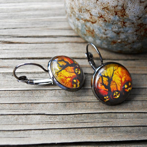 Halloween French Lever Back Glass Dome Earrings with Pumpkins and Trees in Silver or Gunmetal finish, Dangle earrings, Pumpkin earrings