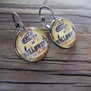 Queen of Halloween Earrings Ouija Board Glass Dome French Lever Backs Gunmetal or Silver Halloween drop earrings, witch earrings Gift wiccan