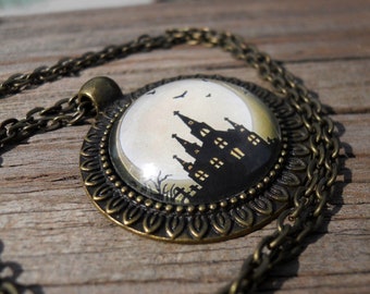 Halloween Castle Glass Pendant Necklace Yellow Full Moon with choice of bezel color and Cord or Chain, Spooky pendant Gothic Wiccan jewelry
