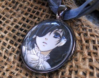 Anime Ciel Phantomhive Pendant Necklace with choice of Bezel Color and Ribbon Cord or Chain, Anime gifts, Ciel necklace, Anime jewelry