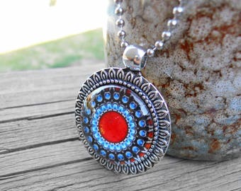 Turquoise and Red Glass Pendant Necklace, Sunflower Bezel