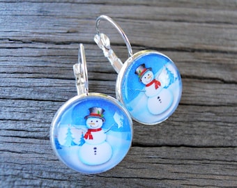 Snowman with Top Hat glass dome Earrings in Silver or Gunmetal finish, Winter earrings, Christmas earrings, Snowman earrings, snowperson