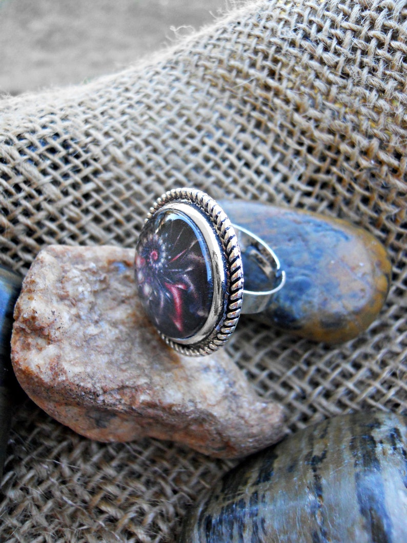 Abstract Black Spiral Adjustable Ring Antique Silver finish Choice of bezel Abstract Swirl Ring Black Galaxy ring Galactic glass dome ring
