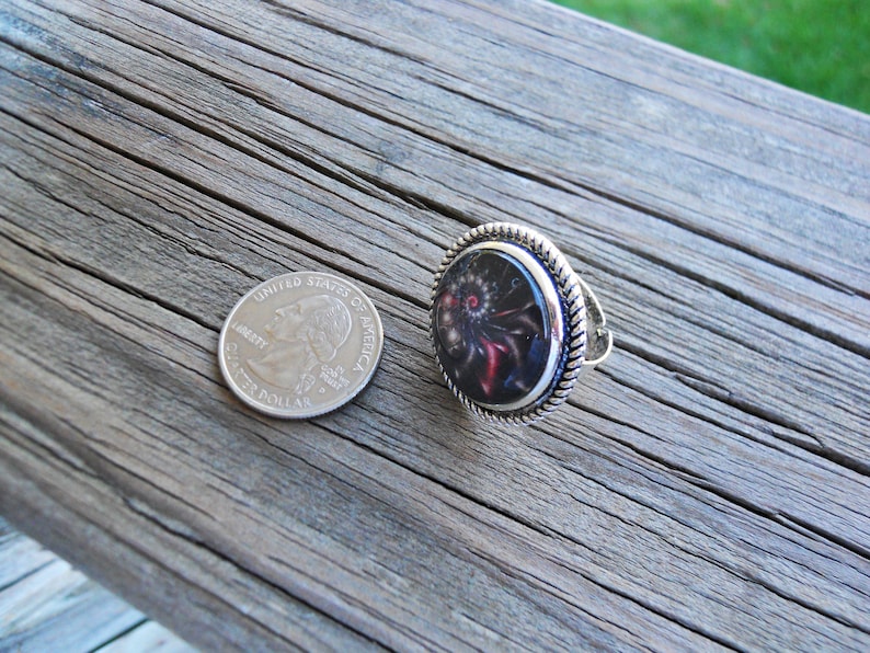 Abstract Black Spiral Adjustable Ring Antique Silver finish Choice of bezel Abstract Swirl Ring Black Galaxy ring Galactic glass dome ring
