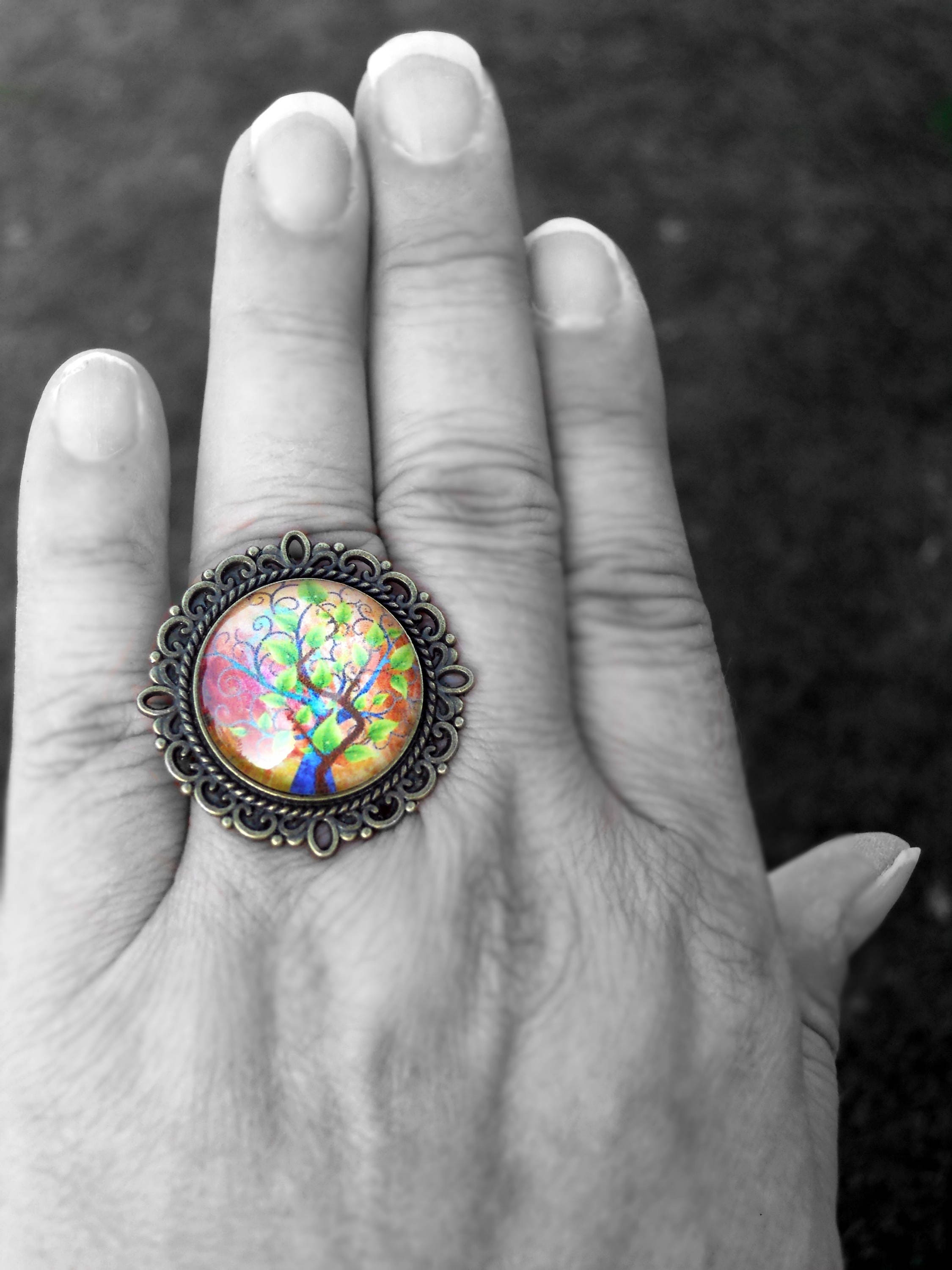 Tree Ring Colorfull Intertwined Trees Ring Adjustable With Choice of Bezel Style & Color ...