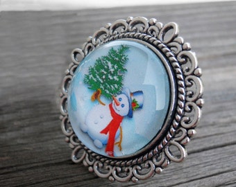 Snowman Ring: Antique Silver Finish Adjustable Winter Holiday Jewelry