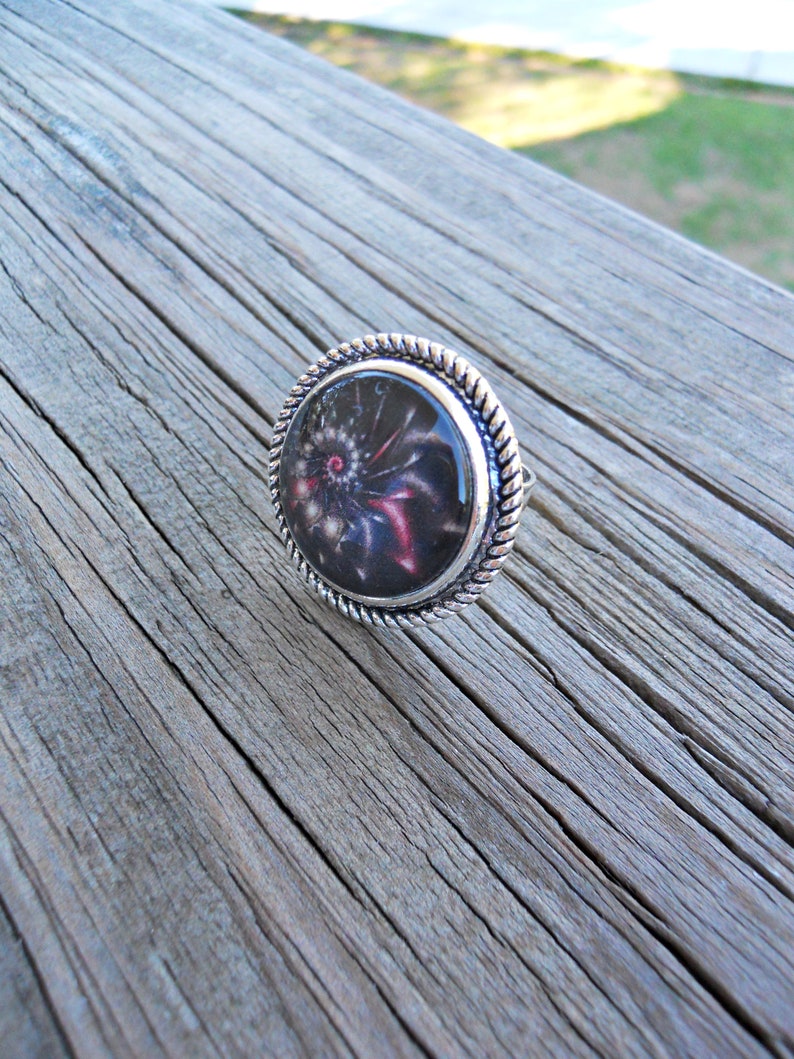Abstract Black Spiral Adjustable Ring Antique Silver finish Choice of bezel Abstract Swirl Ring Black Galaxy ring Galactic glass dome ring