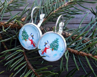 Snowman glass dome Earrings in Silver or Gunmetal Christmas Winter earrings Light Blue earrings Adorable snowman earrings snowperson jewelry