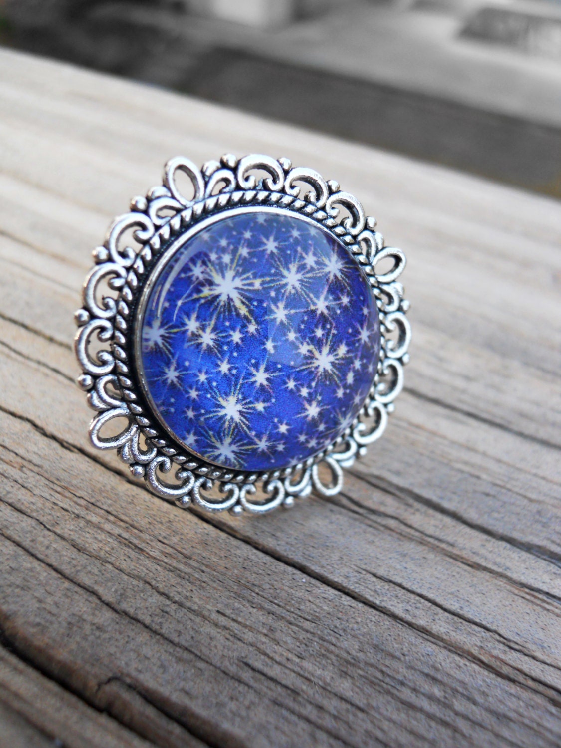Sparkle Stars on Blue Adjustable Ring With Choice of Antique