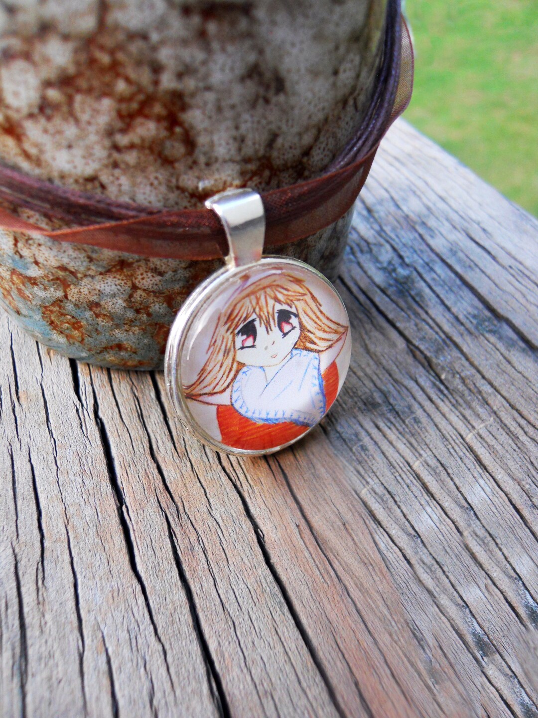 Anime Neko Pendant Necklace Cat Jewelry, Choice of Bezel Color & Ribbon ...