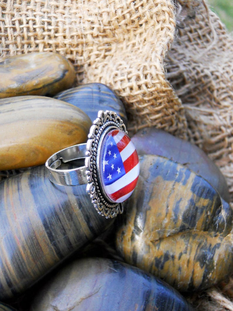 American Flag Glass Dome Adjustable Ring With Choice of Antique Silver ...