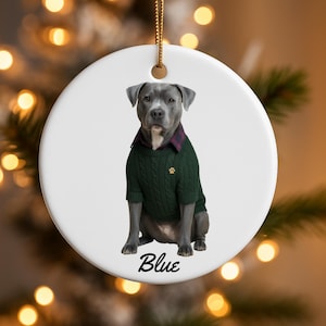 May include: White ceramic ornament featuring a gray dog wearing a green sweater with a gold paw print. The dog has a red and purple plaid collar. The word "Blue" is written in cursive at the bottom. A gold string is attached for hanging.