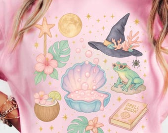 Witchy Halloween Shirt Pastel Frog Spell Book Tee Cute Halloween Cottagecore Fall T Shirt for Women Magical Ocean Aesthetic Witch Gift