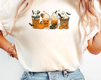 Comfort Colors Gift Halloween Ghost Coffee Shirt Spooky Latte Pumpkin Drink Tee Fall Barista Graphic TShirt Cute Ghost Espresso Lovers Top