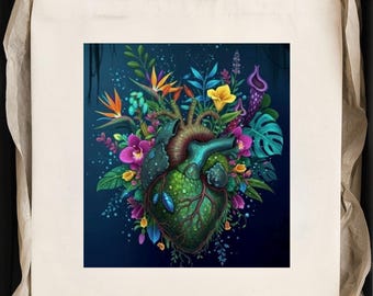 Anatomical Heart Tote Flowers, Medical Student Gift, Nurse Doctor Appreciation Bag, Cardiologist Gift, Anatomy Canvas Tote, Floral Heart Bag