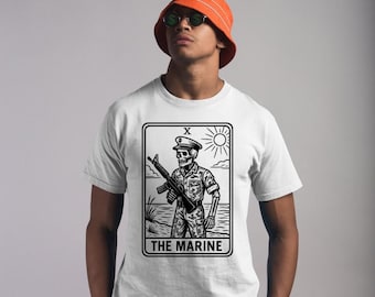 Active Duty Tarot Card Marine Themed Unisex TShirt Vintage Style Tee Outdoor Apparel Military Gift for Veterans, Casual Wear, Military Pride