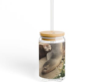 Cozy Sea Lion Sipper Glass, 16oz, Cute Animal Drinkware, Beach Party Gifts, Eco-Friendly Glass Tumbler, Animal Lover Gift