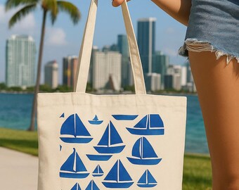 Geschenk für Segler, Bootsliebhaber Tasche, Blaue Segelboot Tote, nautische Tasche für Miami Beach Tage, Küsten Kurzurlaub, Baumwollsegeltuch-Einkaufstasche