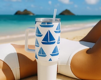 Blue Sailboat Cup, Nautical Tumbler 40oz Sailboat Insulated Drinkware, Perfect for Beach Days, Summer Picnics, Boating Adventures, and Gifts
