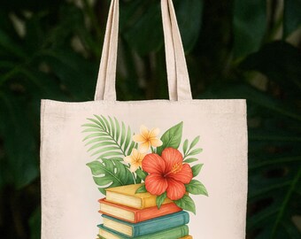 Book Lover Teachers Bag Cotton Canvas Tote Bag, Eco-friendly Bag for Bookworms, Reading Gift, Literary Tote, Library Bag, Floral Design