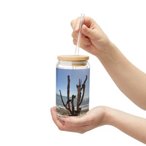 Op de afbeelding: Een glazen pot met een houten deksel en een rietje. De pot heeft een bedrukte afbeelding van een strandscène met een droge tak op de voorgrond.