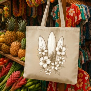 Surfboard Flower Tote Bag, Surf Decor, Vintage Hawaii Canvas Bag with Tropical Hibiscus & Plumeria, Beach Market Tote, Island Girl Gift