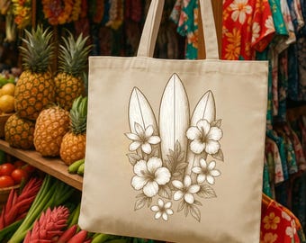 Surfbrett Blumen Einkaufstasche, Surf Dekor, Vintage Hawaii Tasche mit Tropischen Hibiskus & Plumeria, Strand Markt Tote, Insel Mädchen Geschenk