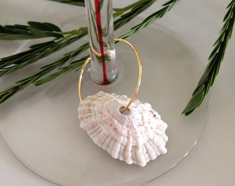 May include: A gold hoop charm with a white seashell attached to it. The charm is hanging from a wine glass.